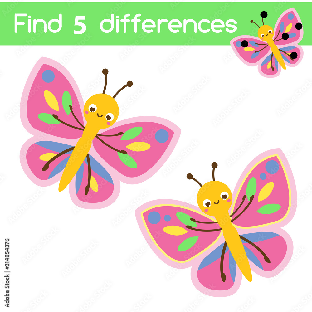 Cartoon butterfly. Find the differences educational children game. Kids activity fun page.