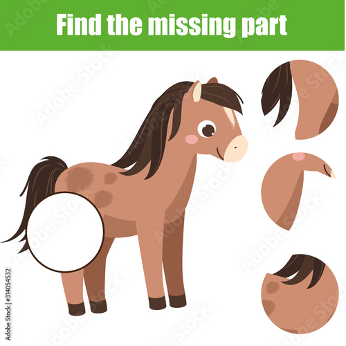 Horse puzzle for toddlers. Find missing part of picture. Animals theme educational game for children and kids