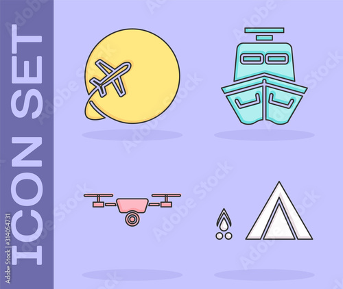 Set Tourist tent with wood fire, Globe with flying plane, Drone flying with action video camera and Ship icon. Vector