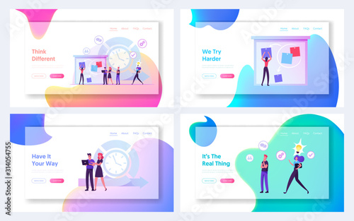 Teamwork Process Website Landing Page Set. Agile Business Team of Programmers Working and Make Some Planning on Scrum Board. Daily Scheme Methodology Web Page Banner. Cartoon Flat Vector Illustration