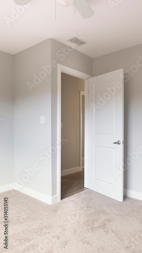 Vertical Empty bedroom with door open clean inside