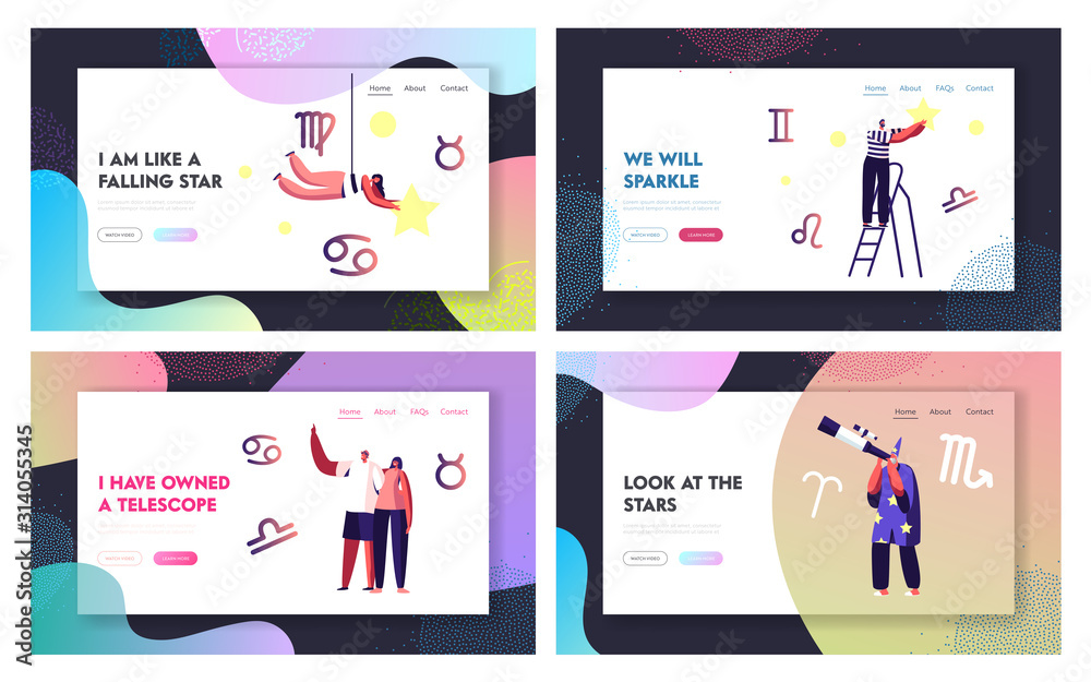 Cosmos Exploration, Scientific Investigation Website Landing Page Set. People Admire Looking on Stars and Constellations at Night Sky, Study Astrology Web Page Banner. Cartoon Flat Vector Illustration