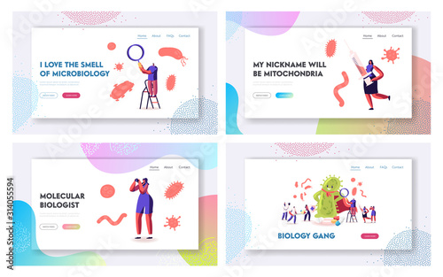 Viruses and Microbes Attack People Website Landing Page Set. Male and Female Characters Protect from Bacteria, Study Microorganisms in Laboratory Web Page Banner. Cartoon Flat Vector Illustration