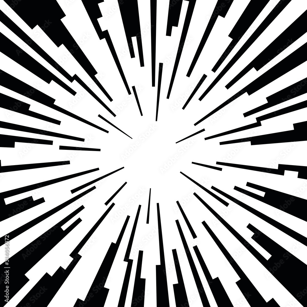 Obraz premium Comic book black and white radial lines background Manga or anime speed texture Superhero action frame Zoom effect Pop art gradient design Explosion vector illustration