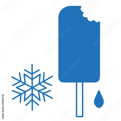 bitten ice lolly, snowflake and drop, blue linear icon on white isolated background