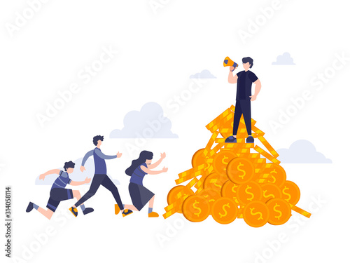 Big megaphone with Refer a friend word concept. Teamwork standing on money coins with horn shout to friends, use for landing page, ui, web template, mobile app, poster, banner. Business people flat.