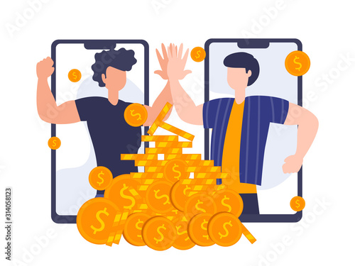 Refer a friend concept. Vector illustration of referral program. People Businessman high five on mobile phone screen. Cooperation work of digital working.