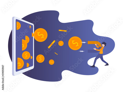 Digital app and web concept person attract money with huge magnet from tablet smartphone. Business flat design illustration.