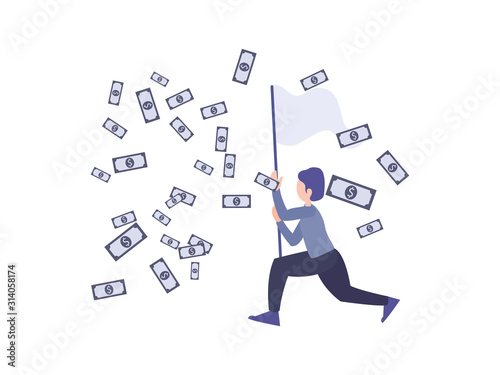 Rich businessman holding dragnet to capture flying money. Business people metaphor of achievement and earning. Flat digital drawing cartoon character vector illustration.