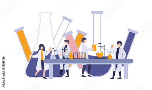 Scientist working an experiment with tubes, erlenmeyer flask, and reaction. Vector illustration flat digital cartoon research laboratory. Lab work of science, medical, biology, chemistry, and physic.