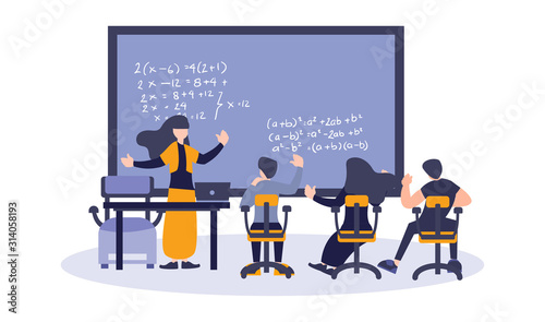 Vector illustration of teacher teach a lecture to student. Concept of math education, study, and learning. Flat digital illustration cartoon style.