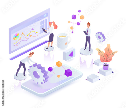 Creative process white isometric vector illustration. Corporate management. Collaboration and teamwork in company. Innovative digital services. Virtual platform cartoon conceptual design element
