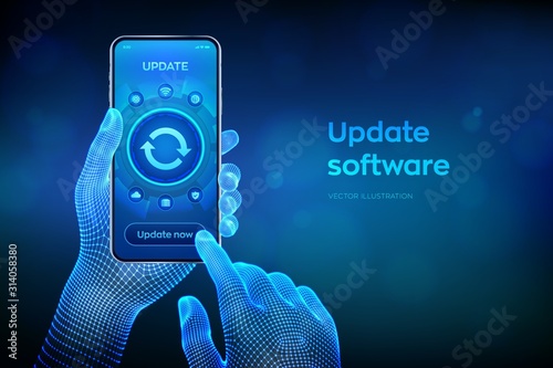 Update Software. Upgrade Software version concept on smartphone screen. Computer program upgrade business technology internet concept. Closeup smartphone in wireframe hands. Vector illustration.