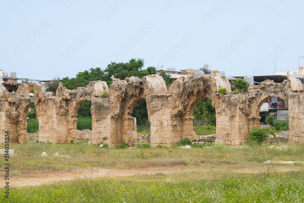 Roman Aqueduct. Roman remains in Tyre. Tyre is an ancient Phoenician city. Tyre, Lebanon - June, 2019