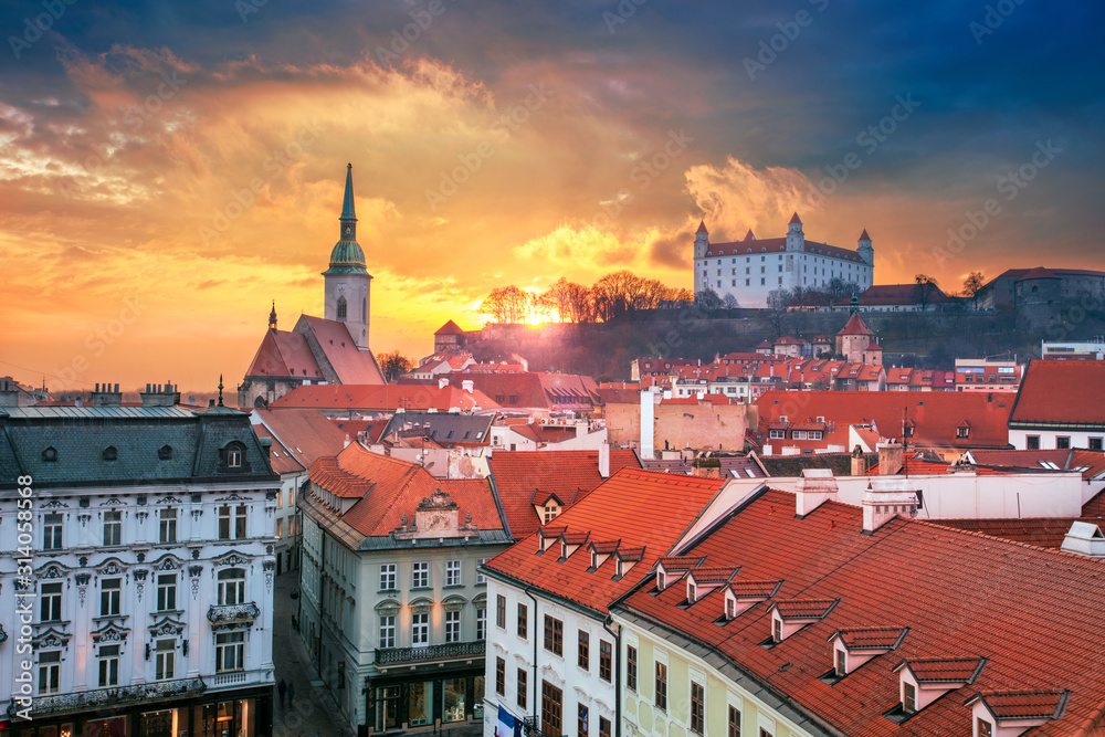 Bratislava. Aerial cityscape image of historical downtown of Bratislava, capital city of Slovakia during sunset.