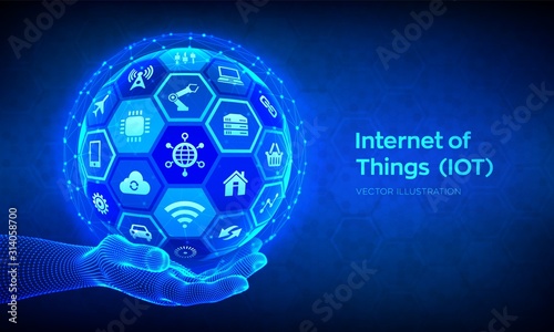 IOT. Internet of things concept. Everything connectivity device concept network, and business with internet. Abstract 3D sphere or globe with surface of hexagons in wireframe hand. Vector illustration