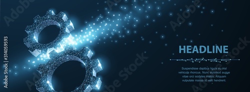 Gears. Abstract vector wireframe two gear 3d modern illustration on dark blue background.