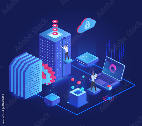 Database dark neon isometric vector illustration. Online server maintenance team. Service administration group. Futuristic cyberspace technology. Cloud datacenter cartoon conceptual design element