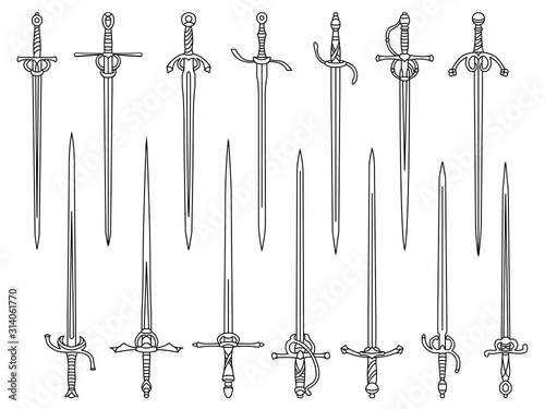 Set of simple monochrome images of rapiers and epees drawn by lines.