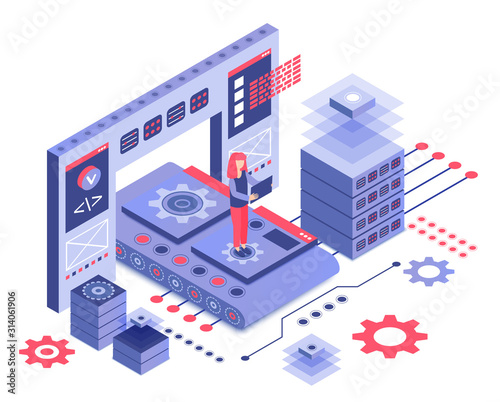 Datacenter isometric vector illustration. Engineering and administration. Computing technology. Motherboard and mechanical circuit. Hardware maintenance service cartoon conceptual design element