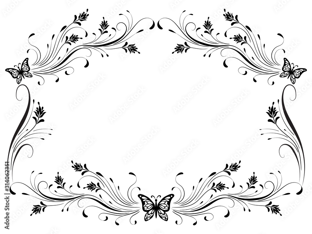 Decorative vintage frame with floral ornament and butterflies  in retro style isolated on white