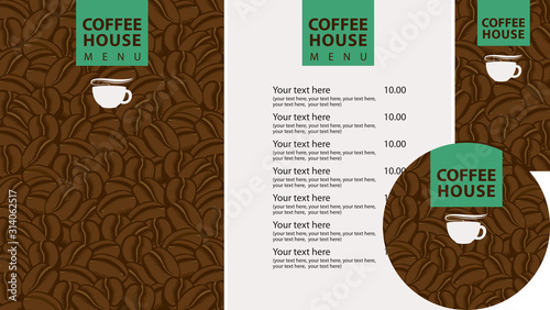Vector set of design elements for coffee house. Menu, business cards and coasters for drinks with cup of hot coffee on the background of decorative coffee beans