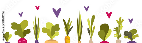 Vector illustration with colorful vegetables. For the design of eco festivals, vegan shops, vegetable fairs.