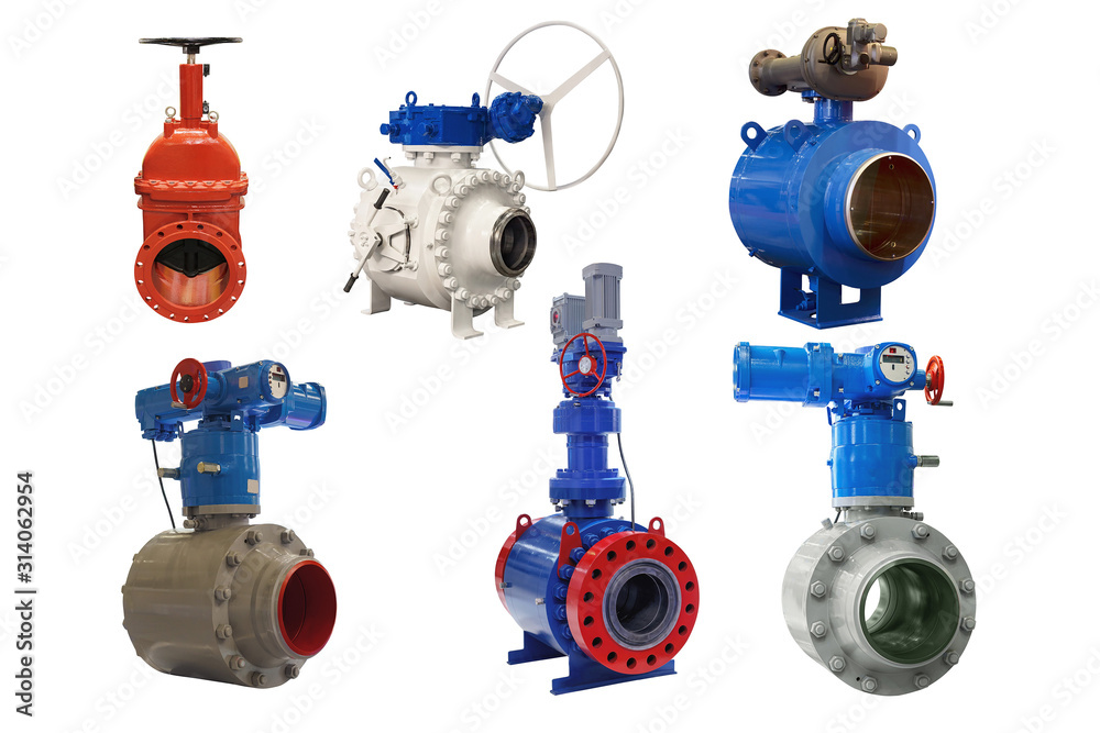 Fototapeta premium a group of modern shut-off valves of various designs for a gas pipeline isolated on white background