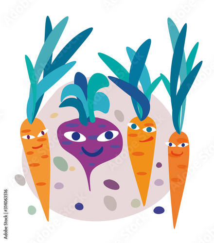 Vector colorful illustration with vegetables for kids. Funny beet and carrots. Illustration for books, games, design of children's things.