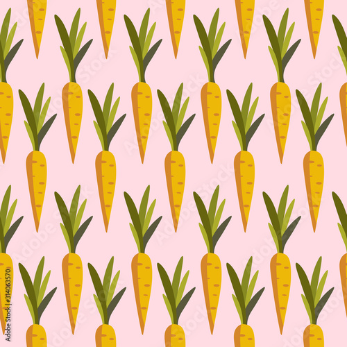 Vector carrots seamless pattern on a pink background. Orange vegetables with green leaves for printing on textiles or eco products.