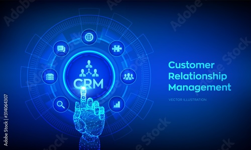 CRM. Customer Relationship Management. Customer service and relationship. Enterprise Communication and planning concept on virtual screen. Robotic hand touching digital interface. Vector illustration.