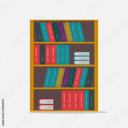 Big bookshelf vector illustration isolated flat cartoon, large shelf with books or bookcase clipart image