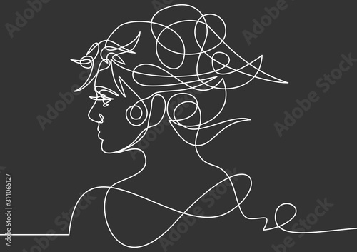 Continuous one line drawing. Abstract portrait of romantic woman face. Vector illustration.