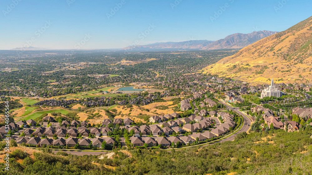 Pano Scenic view of the suburb in Salt Lake City Utah surrounded by mountains