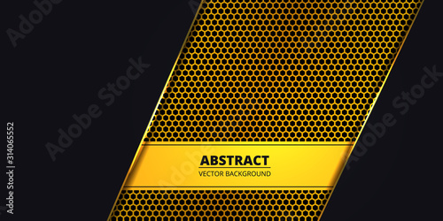 Luxury dark background with golden hexagon carbon fiber. Abstract background with golden luminous lines. Futuristic modern luxury backdrop. Vector illustration EPS10.