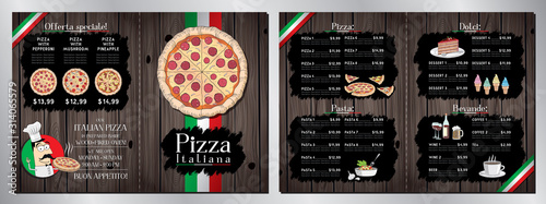 Italian pizza restaurant menu template - pizza, pasta, desserts, drinks - 2 x A4 (210x297 mm)
