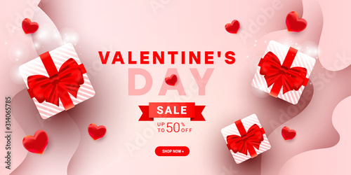 Valentines sale vector banner template with surprise gift boxes, 3d heart balloon elements decor and ribbon on gradient background