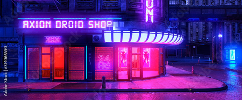 Colorful neon night in a futuristic city. Storefront with bright neon lights. Cityscape in the style of cyberpunk. 3D illustration. Beautiful urban wallpaper.