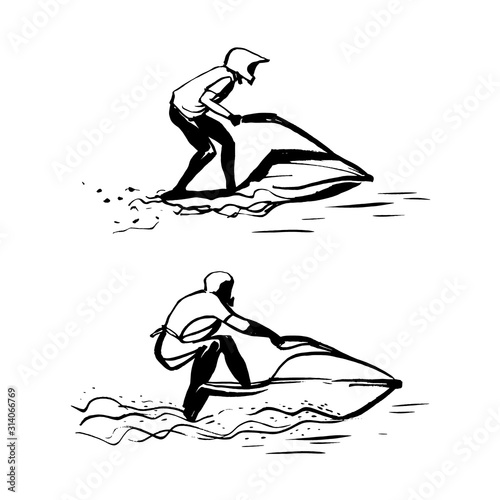 A man on a jet ski. Drawing on a white background, drawn by hand, vector graphics.