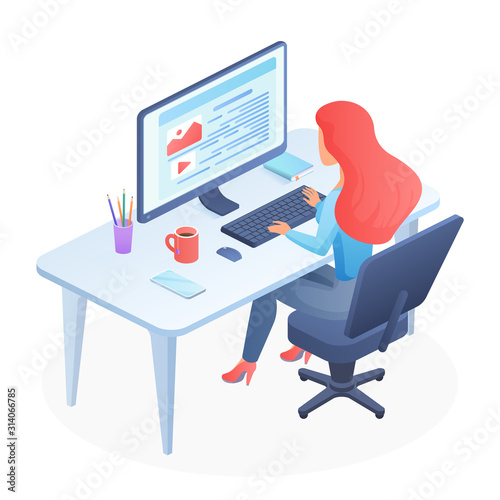 Programming isometric woman vector illustration. Female coder sitting beside desk. Javascpirt course education. Hacker workplace. QA professional training and career. Developer cartoon character
