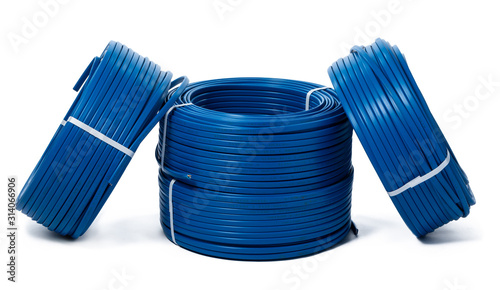 coils of blue cable isolated on white background