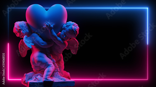 Fotografie, Obraz Sculpture Of Two Cubidons Hold A Big Heart In Neon light On A Dark Background