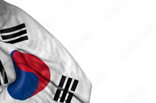 beautiful Republic of Korea (South Korea) flag with big folds lie in bottom left corner isolated on white - any occasion flag 3d illustration..