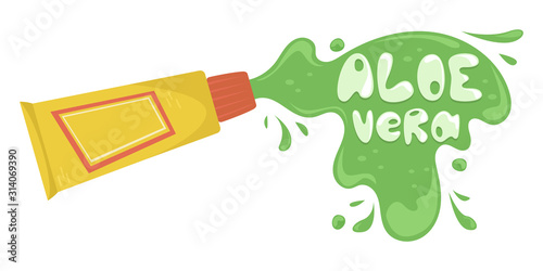 Cream with aloe Vera in a tube. Creative vector illustration with lettering.