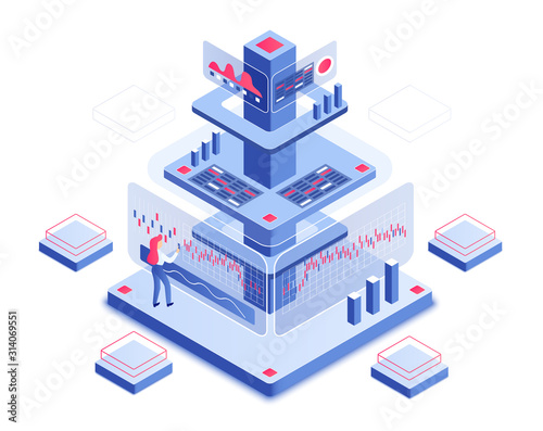 Trading platform isometric vector illustration. Woman checking dashboard. Review and research. Digital technology. Economy an banking. Stock analisys. E-commerce cartoon conceptual design element