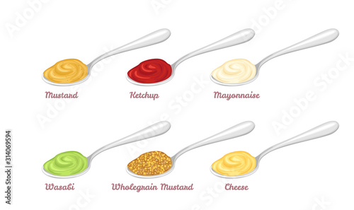 Set of different sauces in spoons isolated on a white background. Ketchup, Mustard, Mayonnaise, Cheese, Wasabi and Whole Grain Mustard. Vector cartoon flat style illustration.