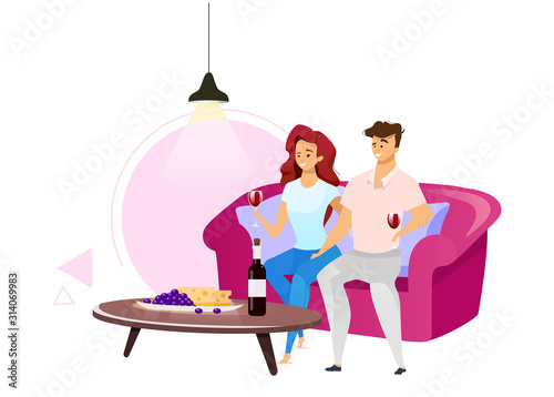 Couple drinking red wine flat color vector illustration. Man and woman on sofa in cosy living room. Male and female characters with glassfuls of alcohol beverage. Isolated cartoon character on white