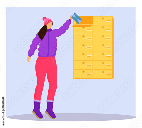 Woman in winter clothes receives letter flat color vector illustration. Getting post from mailbox. Delivery services. Taking card from personal postbox isolated cartoon character on blue background