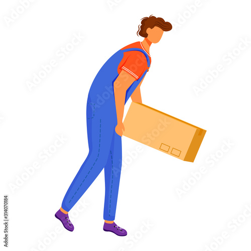 Post office male worker flat color vector illustration. Man distributes packages. Post service delivery. Boxes and parcels transportation isolated cartoon character on white background