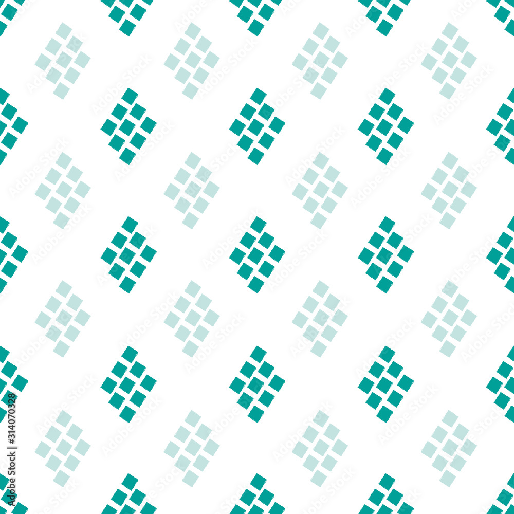 Aqua blue and white diamond mosaic style pattern background. Seamless geometric vector design. Irregular painterly edges. Great for wellness, summer, sport, spa products, stationery,packaging, fabric